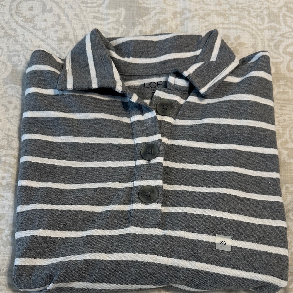 LOFT Gray and White Striped Long Sleeve Shirt